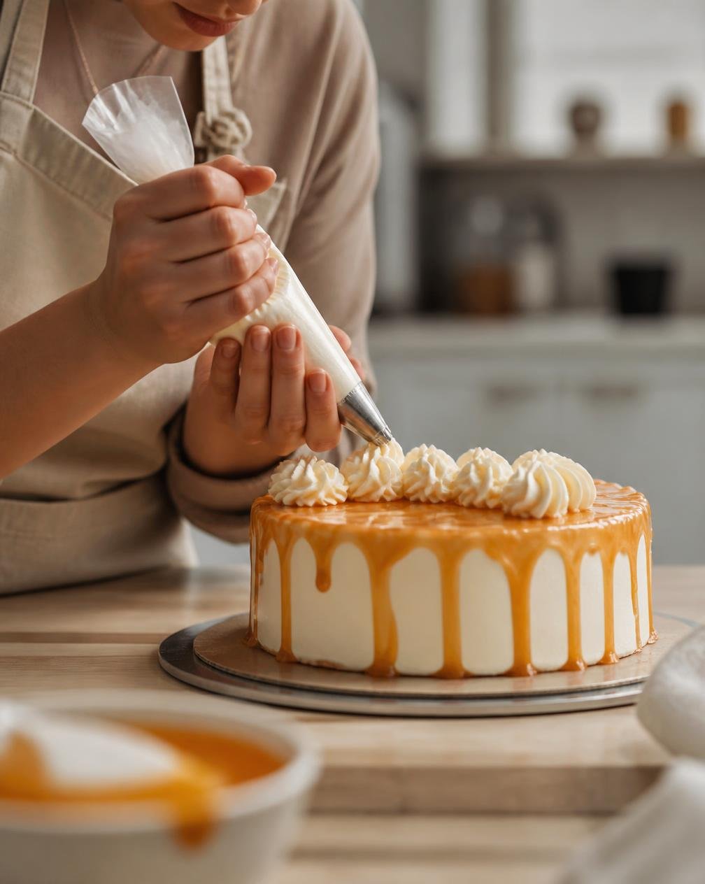 Mãos da confeiteira decorando um bolo com saco de confeitar