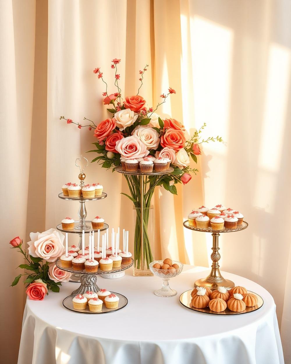 Canto de mesa de doces com boleiras, cupcakes e arranjo de rosas
