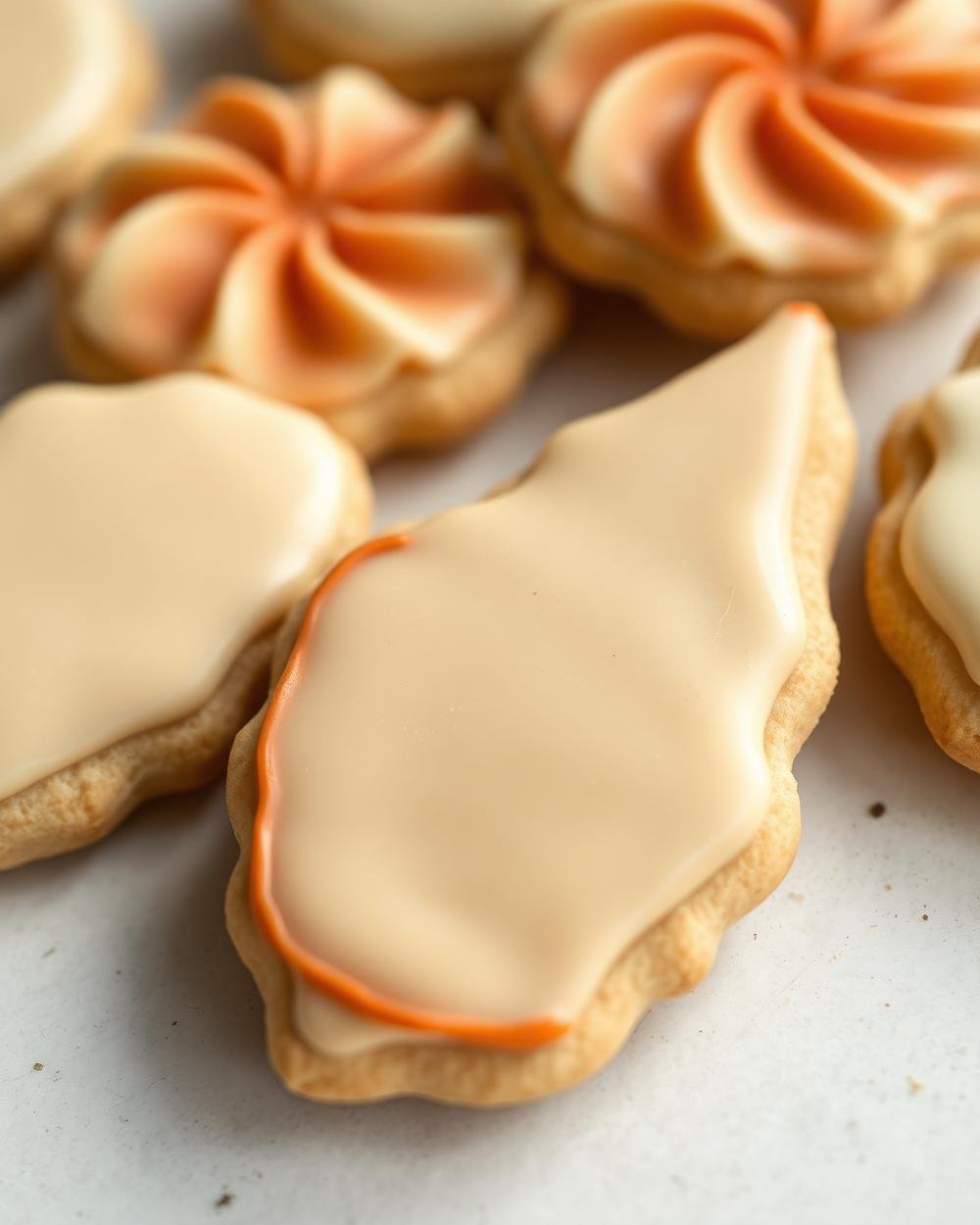 Biscoitos decorados com glacê liso em tons creme e terracota